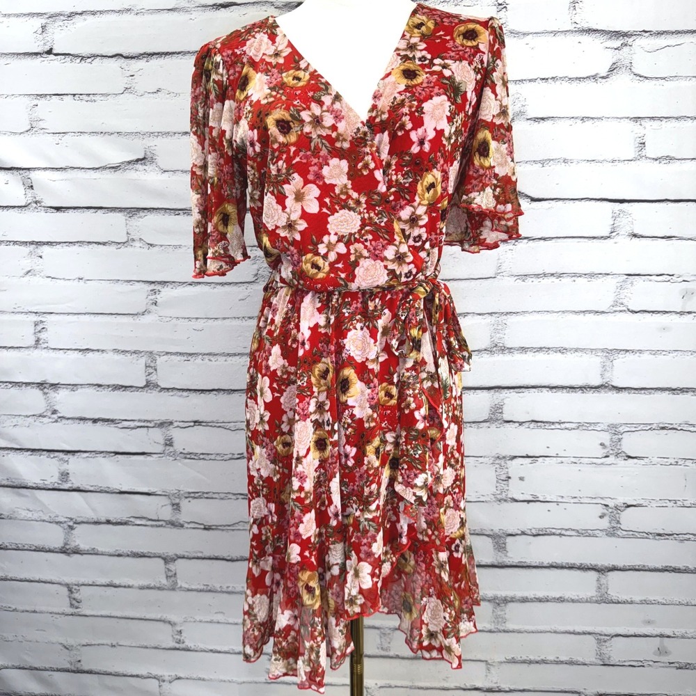 Socialite Red Floral Wrap‎ Dress Short Flutter Sleeve Ruffle Hem Small